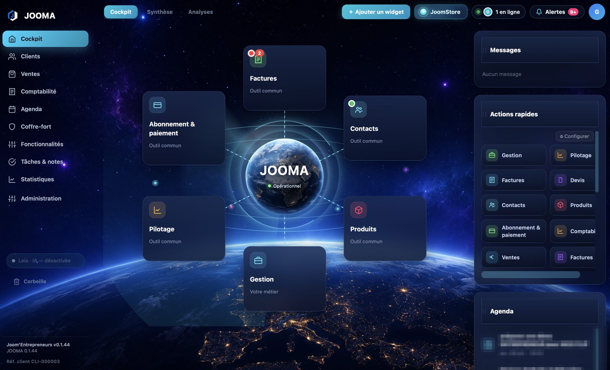 Cockpit JOOMA — hub central avec fond spatial